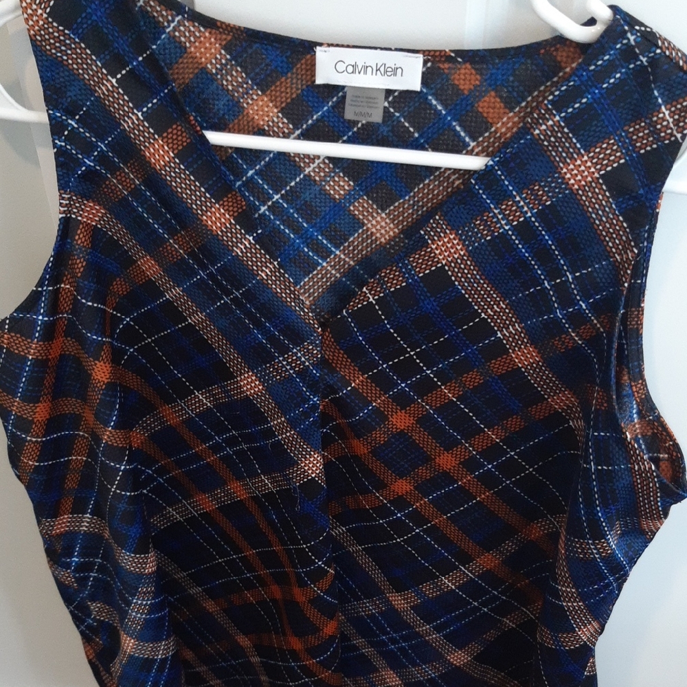Calvin Klein Women's Blue and Orange Plaid Blouse